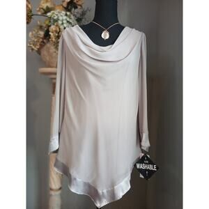 Dana Kay Dress Women Size 10 Silver Draped Cowl Neck Satin Trim Asymmetrical Hem